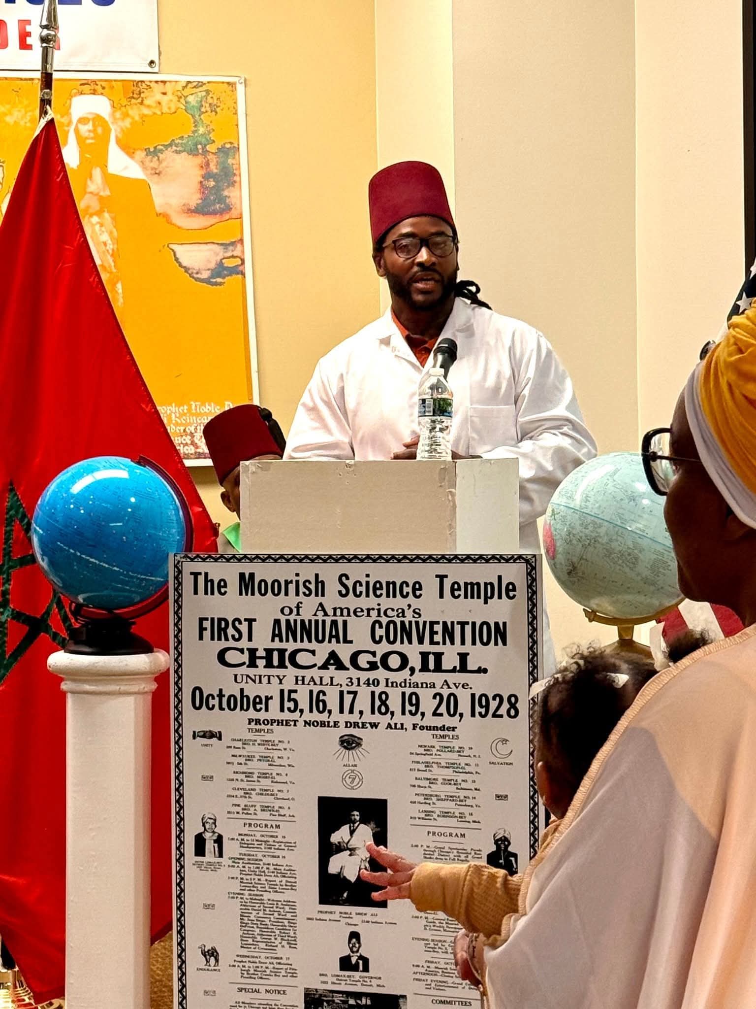 Sheik Maurice Pennington Bey speaking at a Moorish Science Temple convention